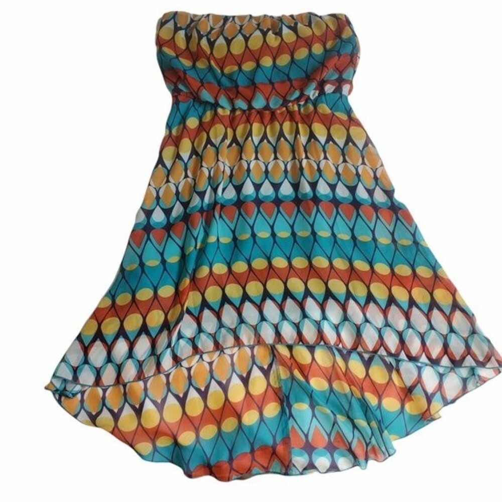 As U Wish Teal Orange Yellow Navy White Multicolor Strapless Hi Low Dress sz M